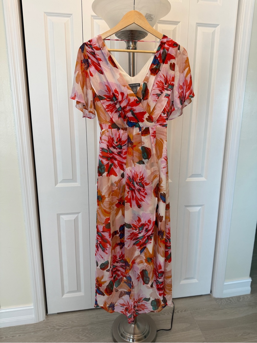 Kate & Mallory Pink Floral Wrap Maxi Dress with Red and Coral Accents